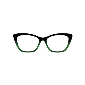 May include: Black and green cat-eye eyeglasses. The frames transition from black at the top to a gradient of green at the bottom. The lenses are clear, and the glasses are set against a white background.