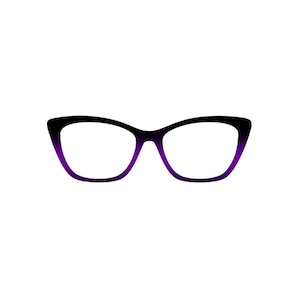 May include: Cat-eye style eyeglasses with a gradient design. The frames transition from black at the top to a vibrant purple at the bottom. The lenses are clear, and the overall shape is a classic, feminine design.