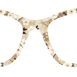 May include: Cat-eye style eyeglasses with a floral pattern. The frames feature a beige background with white and dark brown flower and leaf designs. The glasses have a classic, feminine shape.