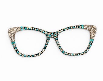 Magnetic Glasses topper premium 3d rhinestone with glitter - cyan gold leopard print
