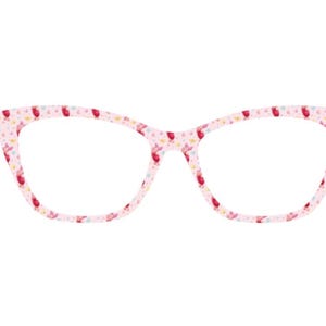 May include: Pink cat-eye eyeglasses with a repeating pattern of red strawberries and yellow flowers. The frames have a light pink background. The glasses are set against a white background.