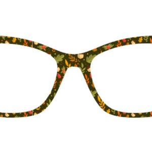 May include: Cat-eye style eyeglasses with a dark green frame adorned with a colorful autumn leaf pattern. The lenses are clear, and the frame features a repeating design of orange, yellow, and white leaves.