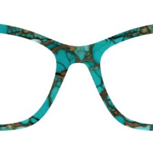 May include: Cat-eye style eyeglasses with a turquoise and brown marbled pattern. The frames have a distinctive shape, with pointed outer edges and a keyhole bridge. The lenses are clear, and the overall design is modern and stylish.