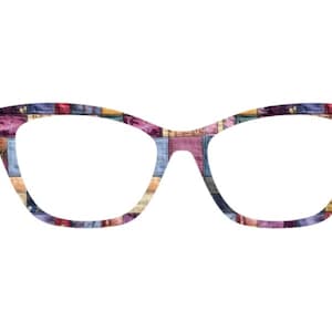 May include: Cat-eye style eyeglasses with a patchwork pattern in shades of blue, purple, pink, and tan. The frames have a unique, textured appearance, offering a stylish and artistic look. The lenses are clear.