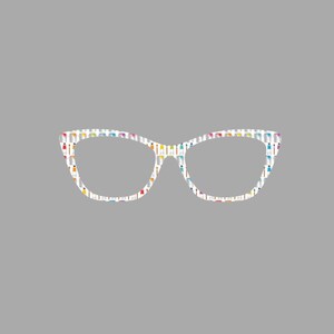May include: Cat-eye style eyeglasses with a white frame decorated with a colorful pattern of small, abstract shapes. The lenses are clear, and the overall design is modern and stylish. The glasses are set against a gray background.