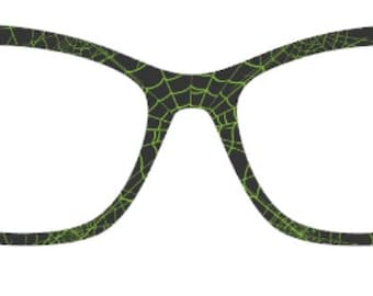 Peut inclure: Lunettes de vue de style œil de chat avec une monture noire ornée d'un motif de toile d'araignée verte. Les verres sont transparents et la monture a une forme incurvée. Ces lunettes sont pour la correction de la vue ou comme accessoire de mode.