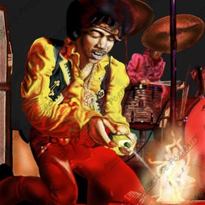 Jimi Hendrix queimando sua guitarra no Monterey Pop Festival 1967, pôster de &quot;Next to Your Fire&quot;