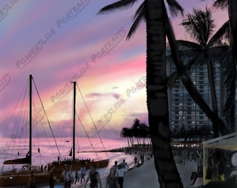 Hawaiian Sunset in Honolulu, Waikiki, Catamarans at Moana Surfrider, Travel Art