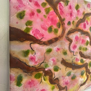 ON SALE A cherry blossom fabric painting in a asian minimalist style. Mounted on stretcher boards. Soft dreamy colors. Stylized design. image 7