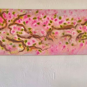 ON SALE A cherry blossom fabric painting in a asian minimalist style. Mounted on stretcher boards. Soft dreamy colors. Stylized design. image 3