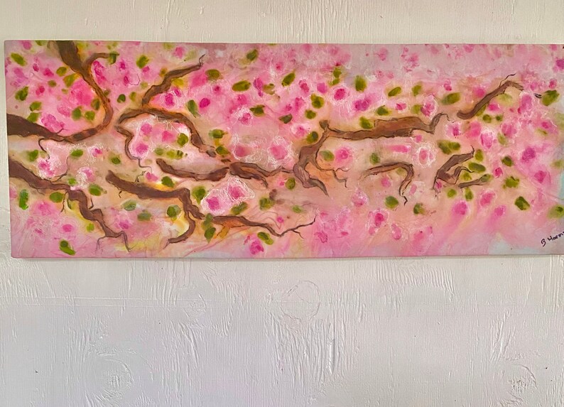 ON SALE A cherry blossom fabric painting in a asian minimalist style. Mounted on stretcher boards. Soft dreamy colors. Stylized design. image 3