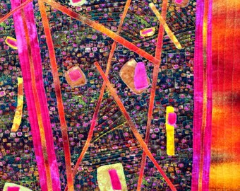 A Bohemian Eclectic art quilt. Brilliant colors fill the abstract theme,. vibrant metallic fuschia, orange, teal in this BoHo wall hanging.