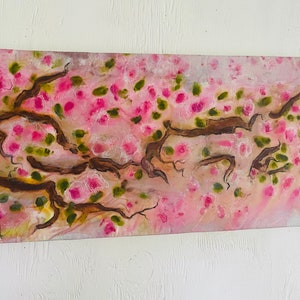 ON SALE A cherry blossom fabric painting in a asian minimalist style. Mounted on stretcher boards. Soft dreamy colors. Stylized design. image 9