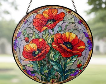 Poppy Flowers Suncatcher, Stained Glass Plant Home Decor, Unique Botanical Art Window Hanging, Artistic Poppy, Memory Day, Poppy Suncatcher