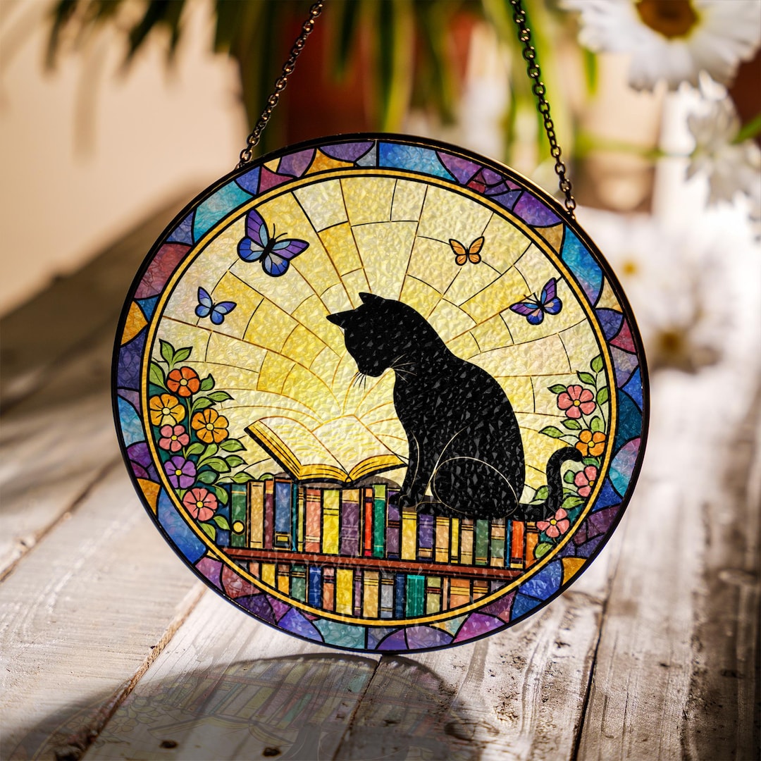 Black Cat and Books STAINED GLASS Suncatcher, Book Window Hanging ...