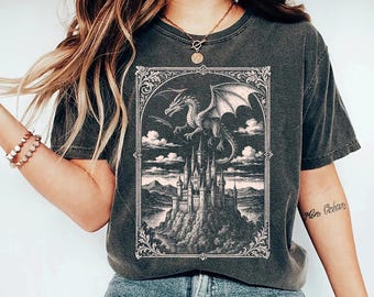 Vintage Dragon Shirt, Dragon Comfort Colors T-Shirt, Dark Medieval Shirt, Artsy Shirt, Gift for Fantasy Reader, Castlecore Dragon Lover Gift