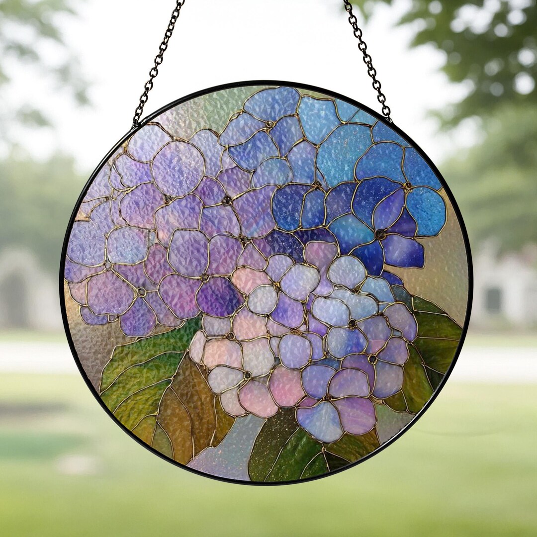 Hydrangea Window Display Blue Hydrangea Glass Suncatcher, Glass Flowers, Floral Window Hanging ...