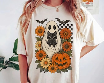 Ghost Cat Floral Halloween Comfort Colors Shirt, Cute Black Cat Spooky Season Tee, Pastel Goth Halloween Shirt, Aesthetic Ghost Cat Shirt