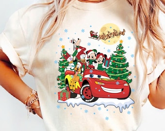 Mickey And Friends Christmas Comfort Colors Shirt, Disney Christmas T-Shirt, McQueen Christmas Shirt, Disney Pixar Christmas Shirt
