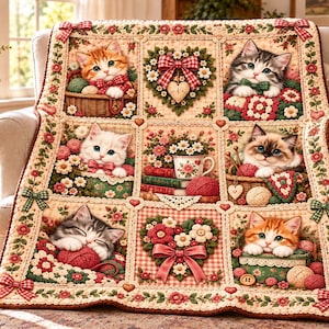May include: A rectangular quilt featuring a grid of nine panels with kittens, floral arrangements, and heart motifs. The design includes red and white gingham accents, green bows, and yarn balls in a cream-colored border with red and green floral patterns.