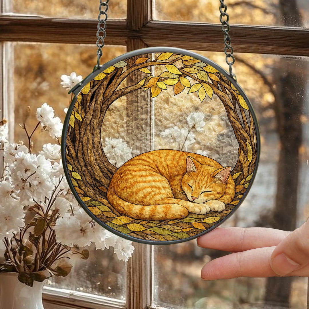 Orange Tabby Cat Sleeping Stained Glass Suncatcher: Cat Lover Gift - Etsy
