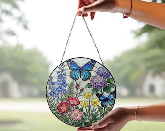 Butterfly Flowers Stained Glass Suncatcher Home Decor,Flowers Stained Glass Window Hanging,Butterfly Decor,Mother's Day,Nature Lover Gift