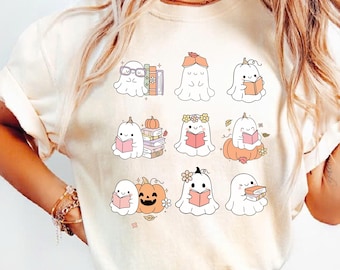 Funny Ghost Book Reading Halloween Shirt Comfort Color Shirt For Book Lover Teacher Kids Spooky Season Reading Tee, Halloween School