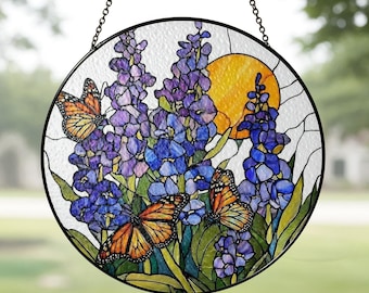 Lavender Monarch Butterfly Stained Glass Suncatcher for Window Hanging Wall Decor Art Gift for Butterfly Lovers Flower Ornament Holiday Gift