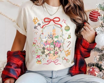 Comfort Colors Retro Coquette Bow Disney Christmas Magic Castle Shirt, Mickey's Very merry Christmas Shirt, Disney Family Xmas Shirt