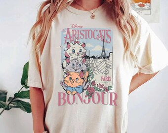 Vintage Aristocats Bonjour Comfort Colors Shirt, Disney Floral Aristocats T-Shirt, Marie Berlioz Toulouse Tee, Disneyland Family Trip Gift