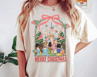 Comfort Colors Disney Princess Coquette Bows Christmas Lights Shirt, Mickey's Very Merry Christmas Party, Girl Trip Disneyland Christmas Tee