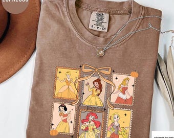 Comfort Colors Disney Princess Fall Coquette Bow Stamps T-Shirt, Disney Fall Season Princesses Shirt, Disney Girls Trip Fall Shirt
