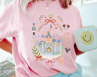 Comfort Color® Disney Coquette Bow Christmas Shirt, Mickey Xmas Shirt, Disney Magic Castle Christmas Tee, Disney Trip Shirt Nutcracker Tee