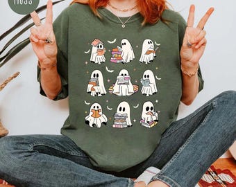 Ghost Reading Books Comfort Colors Shirt, Bookish Halloween Shirt, Teacher Librarian Halloween Gift, Halloween Book Lover, Halloween School