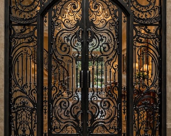 May include: A set of double doors featuring intricate black wrought iron scrollwork and floral motifs. The doors include a large arched top section and side panels, with clear glass inserts that reveal a view into a brightly lit interior space.