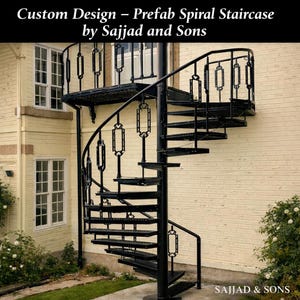 May include: A black metal spiral staircase with a central pole and decorative rectangular railing panels. The text Custom Design – Prefab Spiral Staircase by Sajjad and Sons is visible at the top, and Sajjad and Sons is at the bottom.