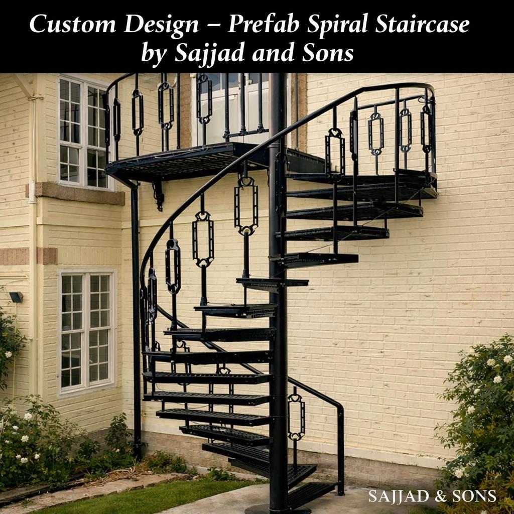 Handmade wrought iron spiral staircase with black architectural metalwork