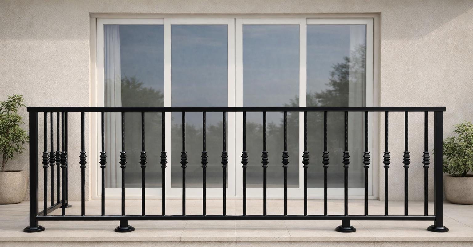 Handmade cast aluminum balcony railing with minimal vertical bar design