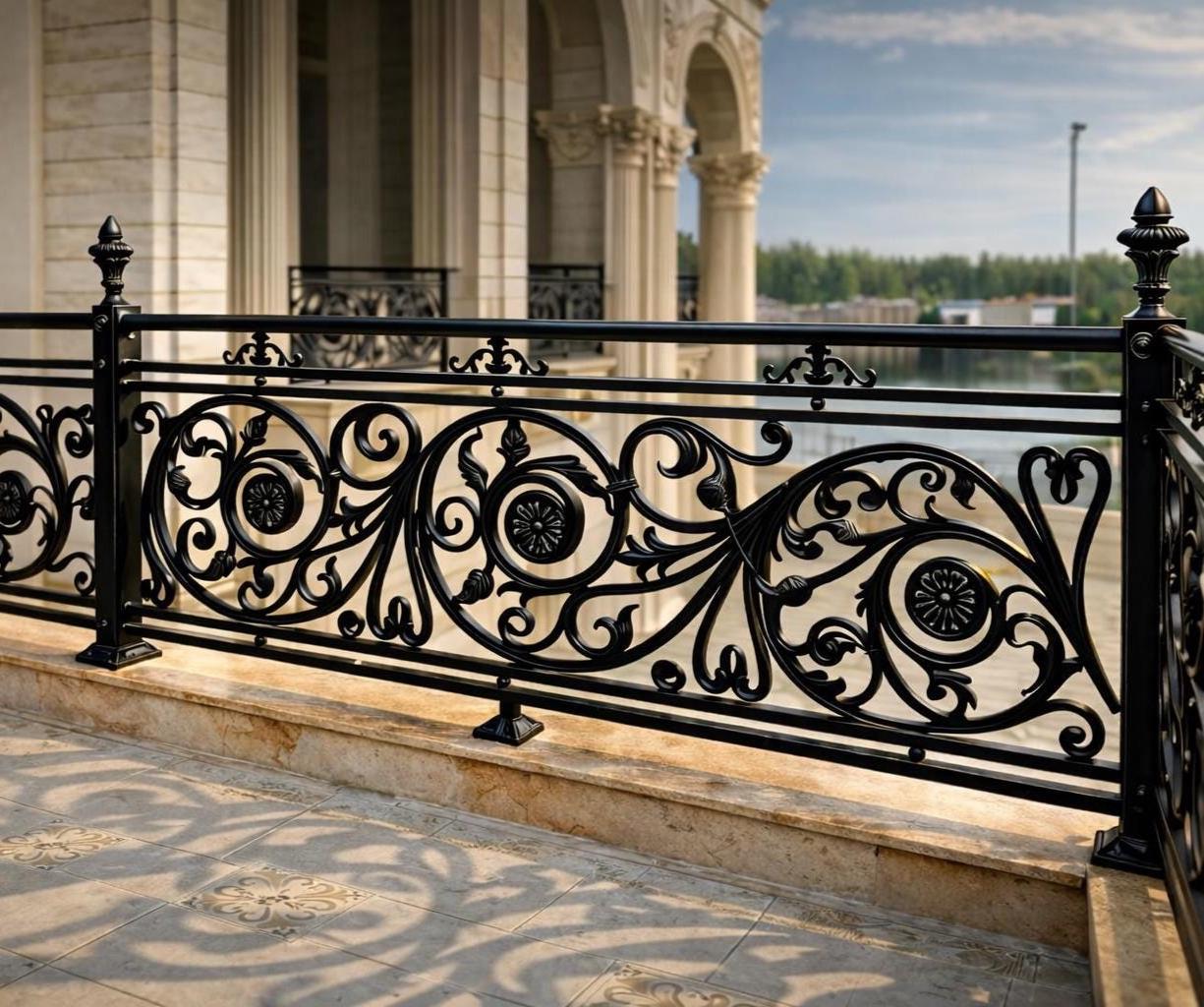 Handmade cast iron balcony railing with Spanish Colonial medallion motif