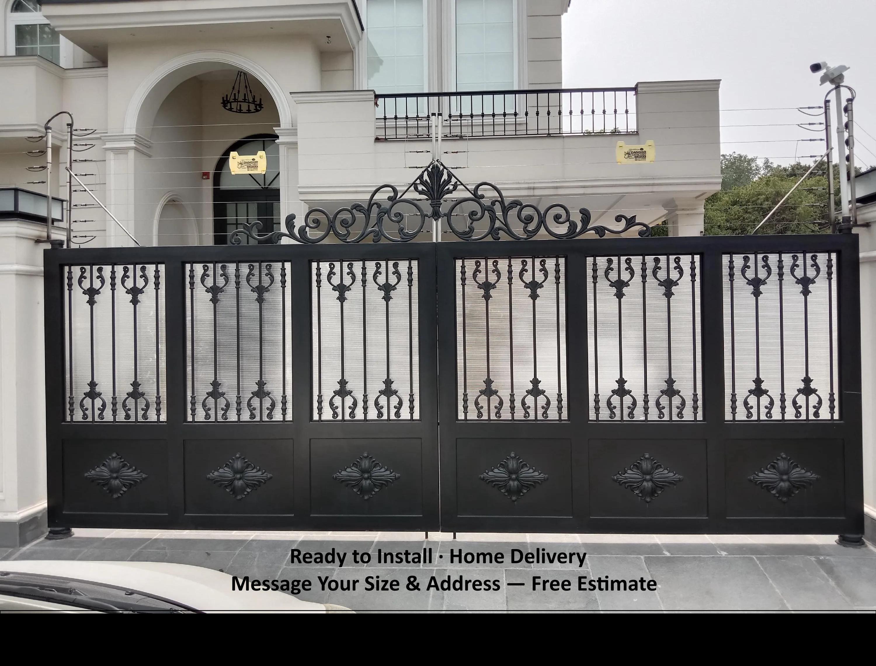Handmade wrought iron double gate with vertical bar and cast iron floral panels