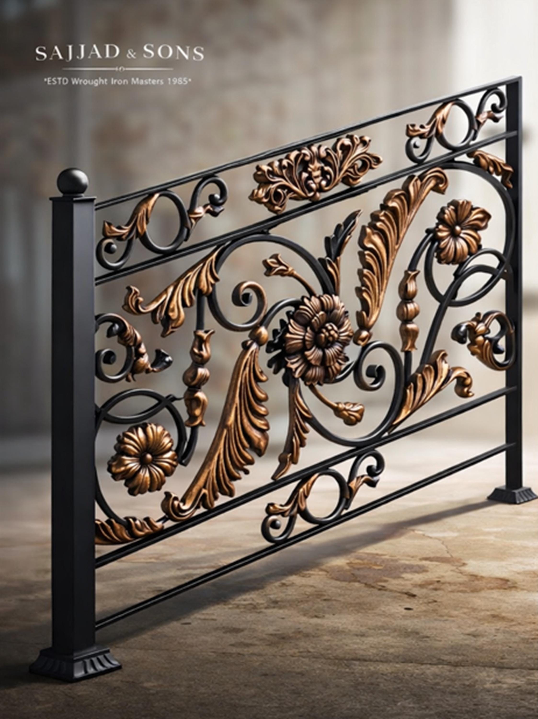 Handmade wrought iron railing with cast acanthus panels and bronze gold accent finish