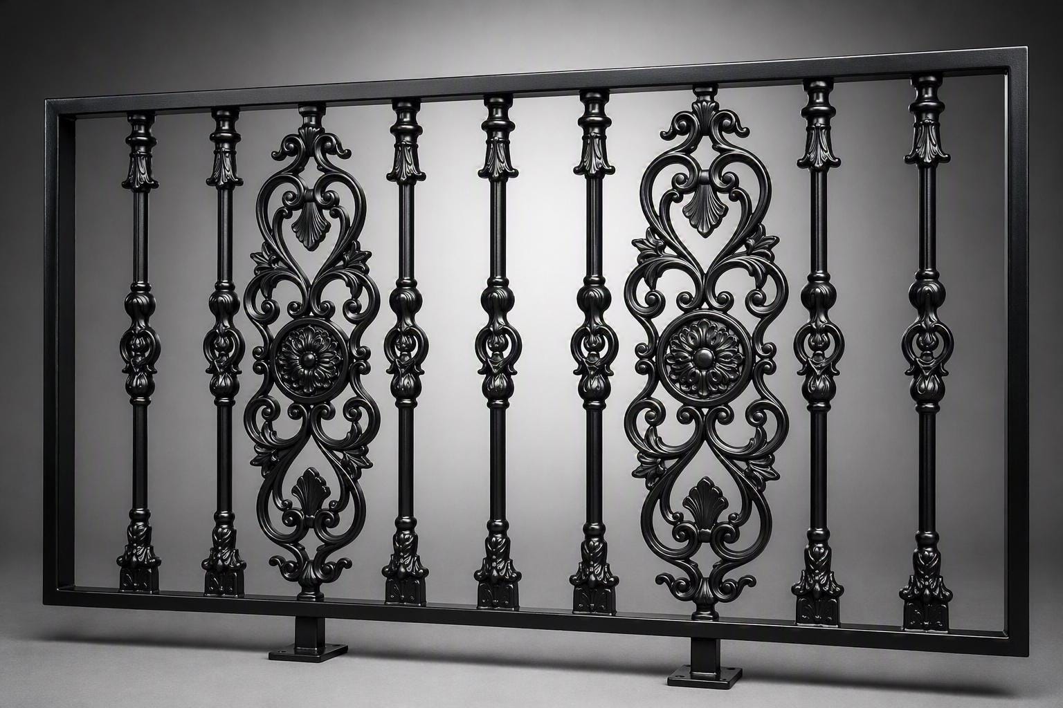 Handmade cast aluminum interior railing with ornamental pattern detailing on marble staircase