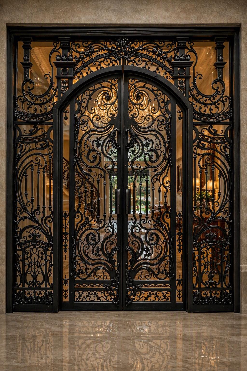 Custom hand-forged wrought iron double entrance door, Spanish Victorian design