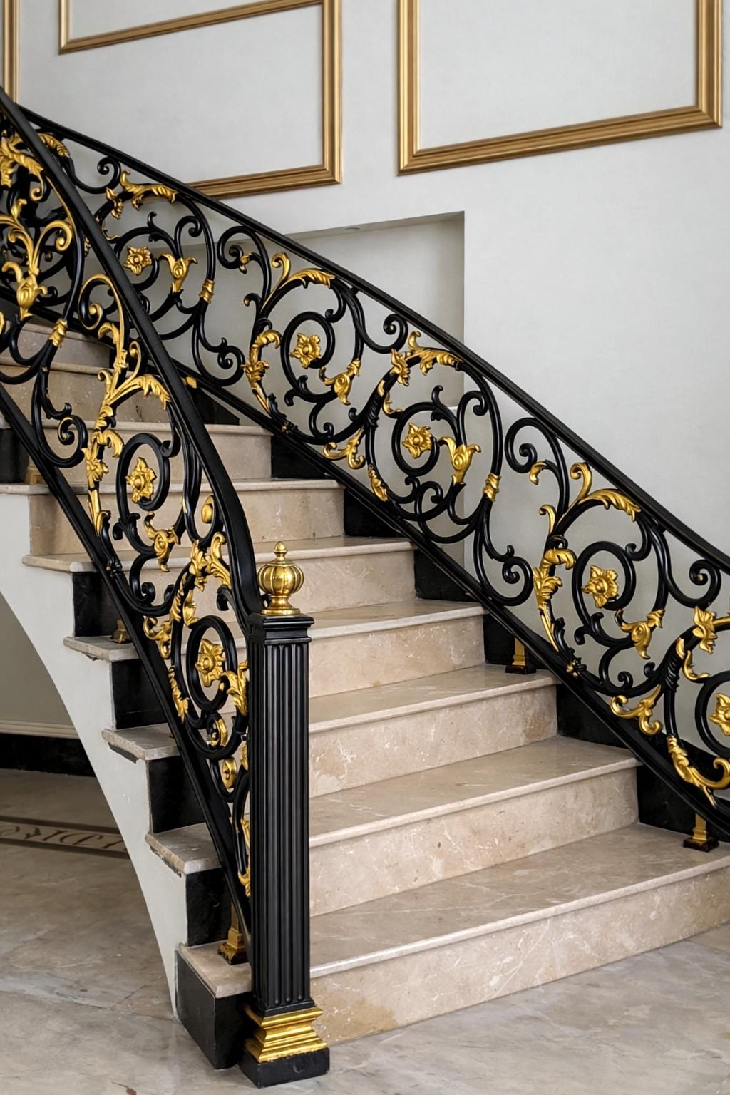 Handmade cast aluminum stair railing with ornamental scrollwork panels