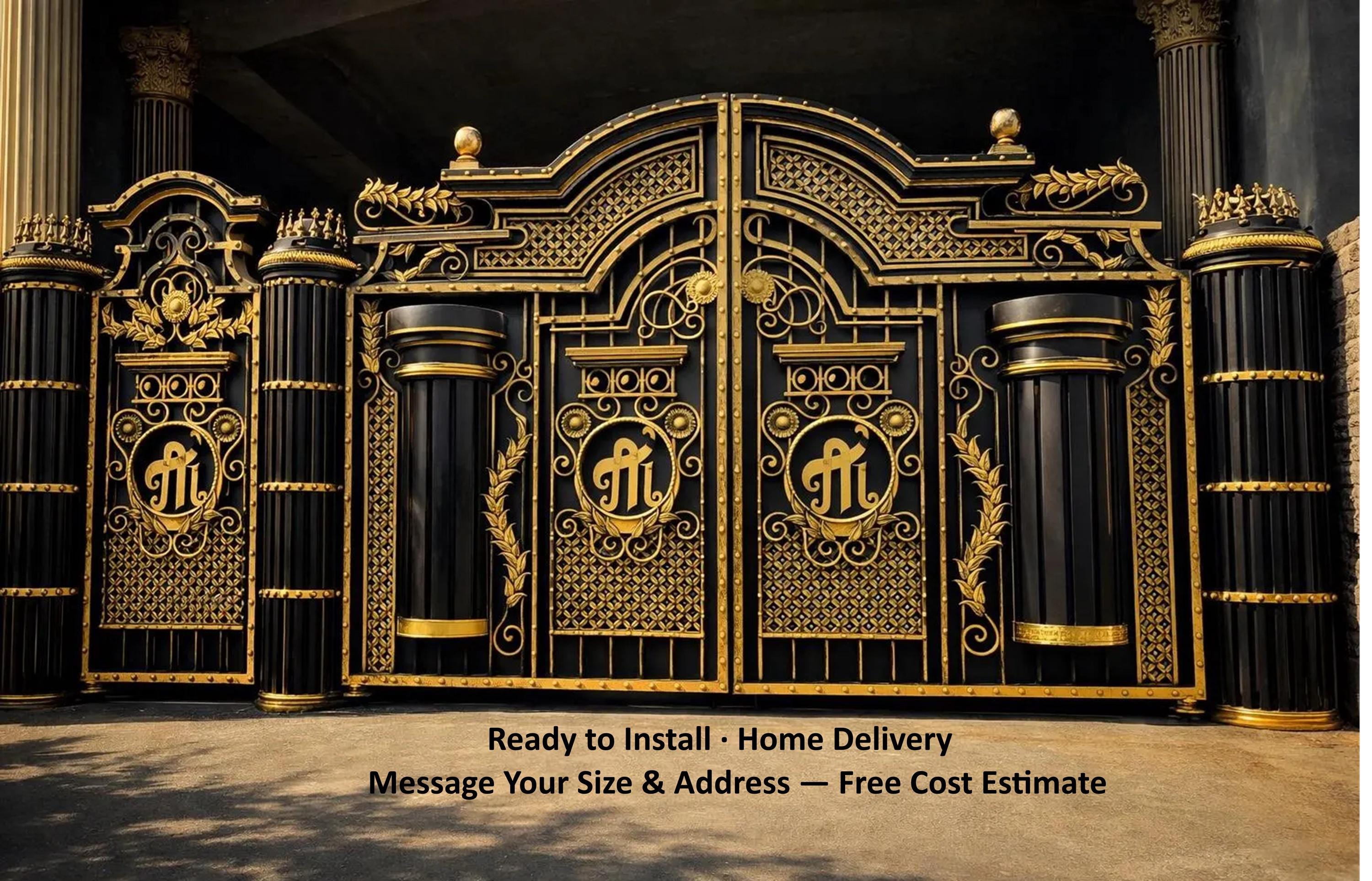 Handmade black and gold wrought iron estate gate with ornamental column design — custom gate pricing example