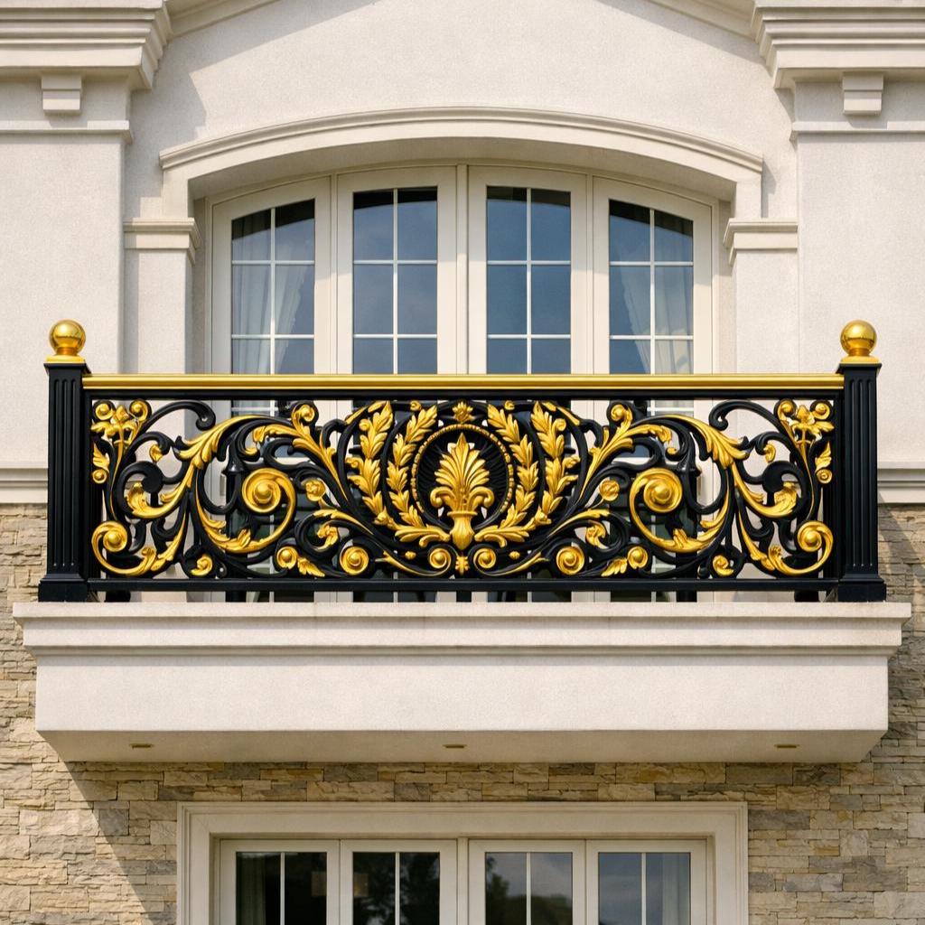 Handmade cast aluminum terrace railing with gold laurel wreath medallion and acanthus scrollwork