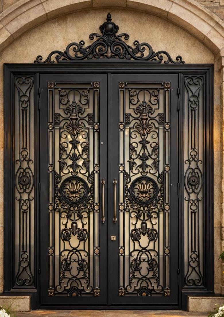 Handmade arched wrought iron double door with sidelight panels and ornamental crest
