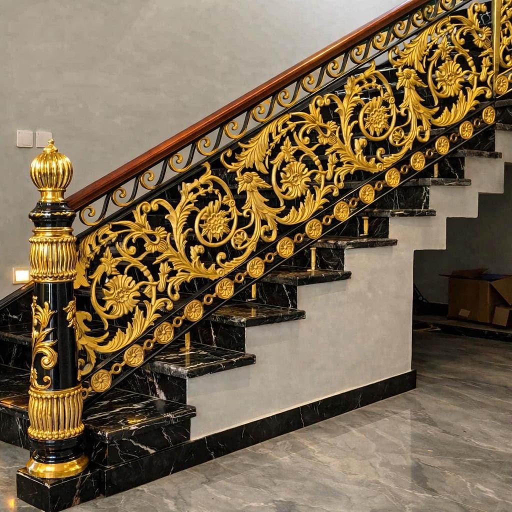 Handmade cast aluminum staircase railing with baroque gold acanthus scrollwork
