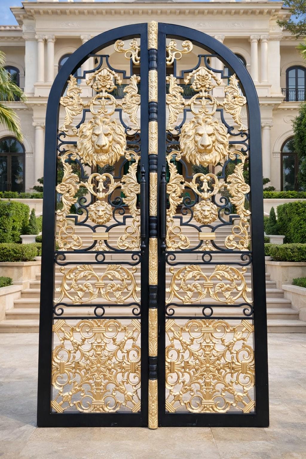 Handmade luxury wrought iron double entrance door with gold lion crest medallions and black scrollwork
