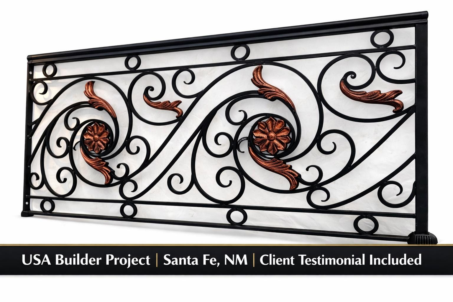 Handmade hand-forged wrought iron railing with cast iron scrollwork and copper accent detailing